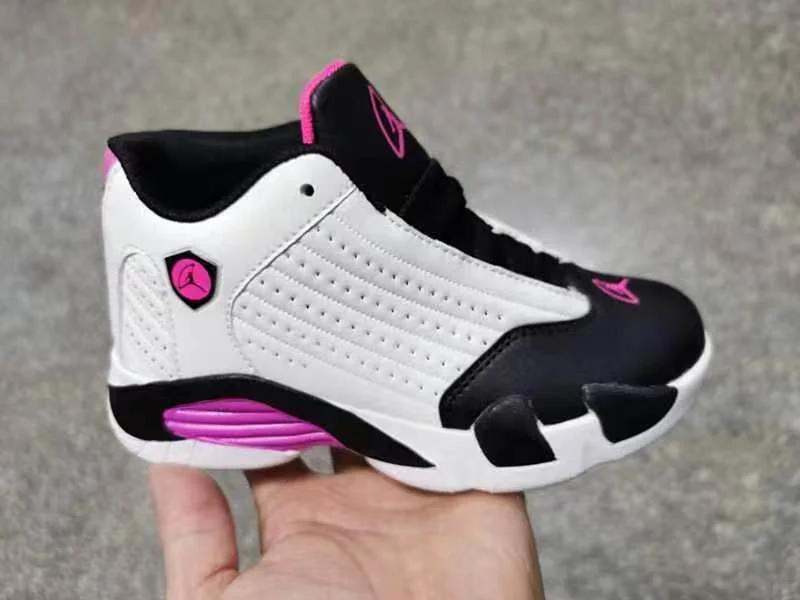 Kids Jordan 14 Retro White Black Pink Basketball Shoes