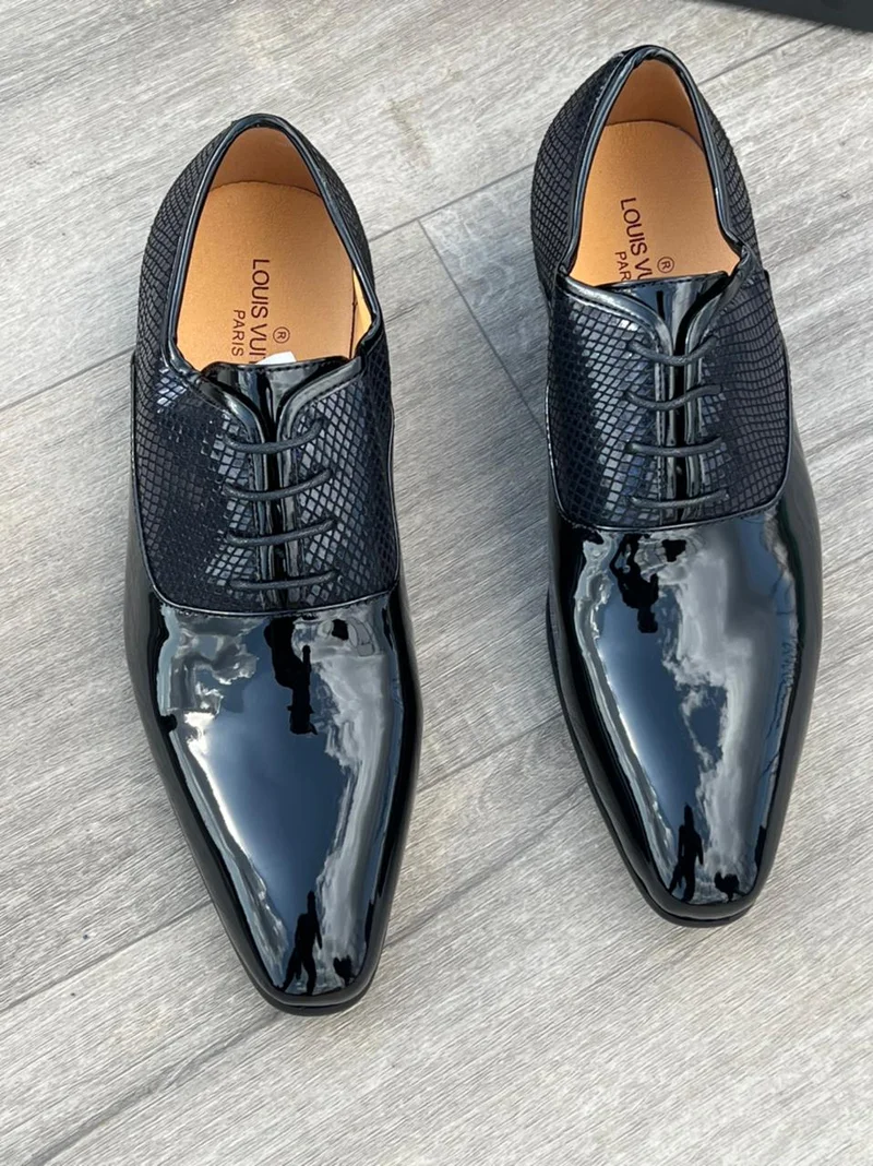 Laced Black Louis Vuitton Wet Look Leather Quality Official Shoes