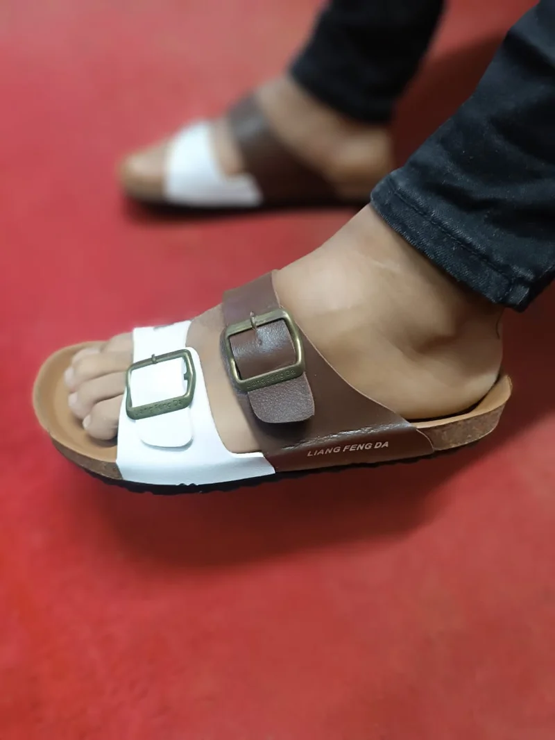 Leather Slides Brisket Sandals Double Buckle Open Toe Footbed Sandals