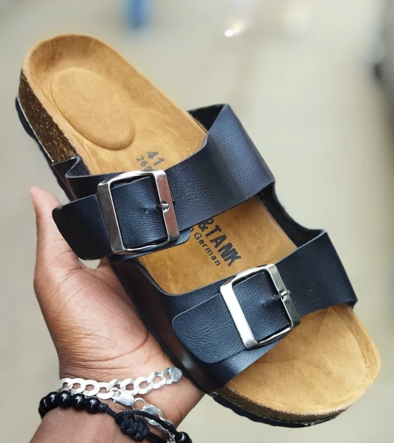 Leather Slides Cork Sandals Double Buckle Open Toe Footbed Sandals