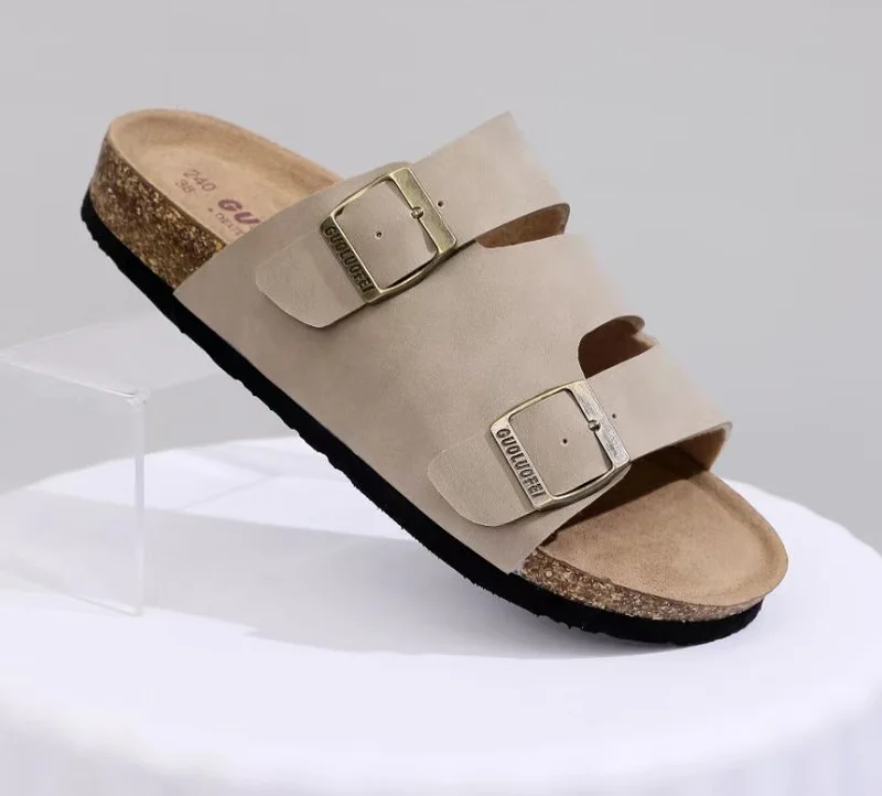 Leather Slides Guoluofei Sandals Double Buckle Open Toe Footbed Sandals
