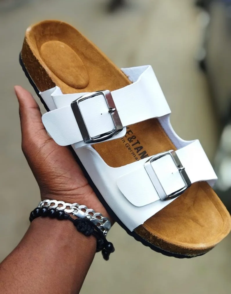 Leather Slides White Cork Sandals Double Buckle Open Toe Footbed Sandals