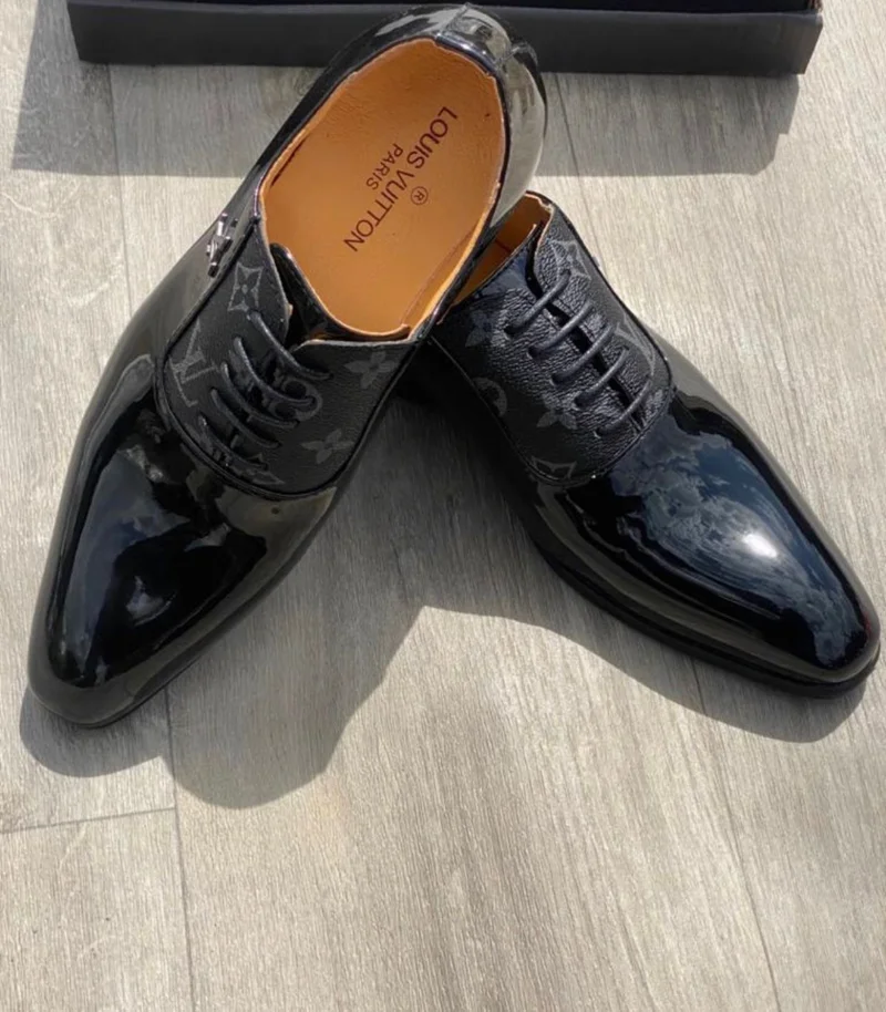 Louis Vuitton Wet Look Leather Quality Official Laced Black Shoes