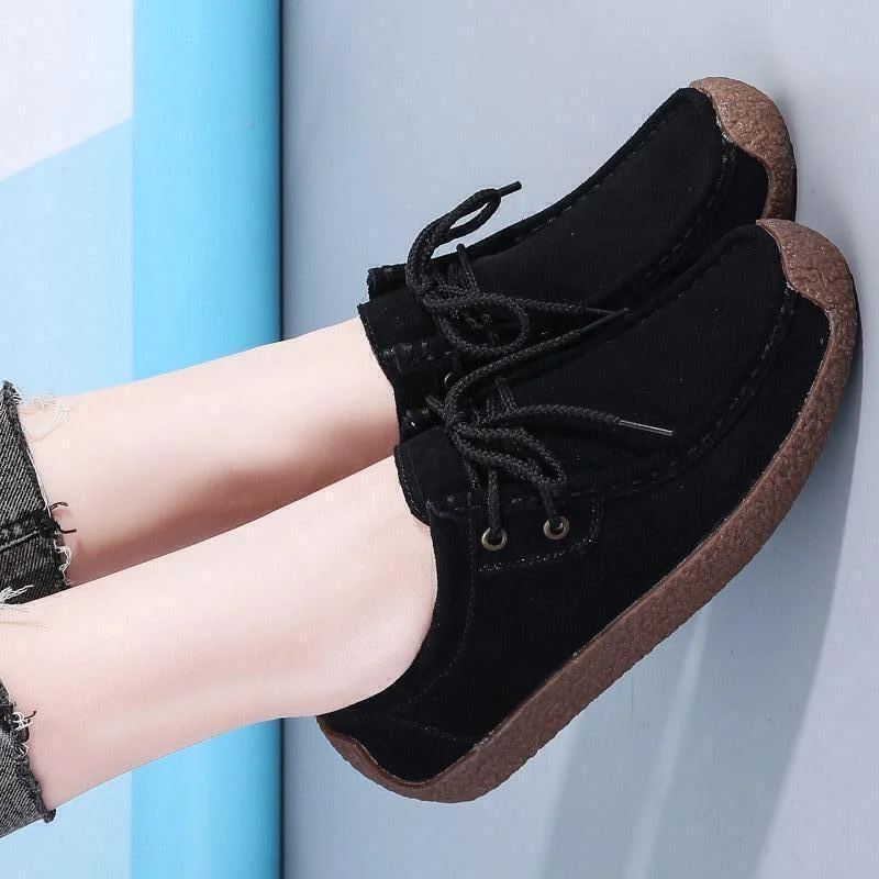 Luxe Comfort: Women's Black Suede Lace-Up Flats Loafers sneakers
