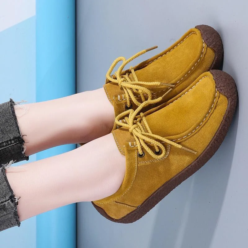 Luxe Comfort: Women's Mustard Suede Lace-Up Flats Loafers sneakers