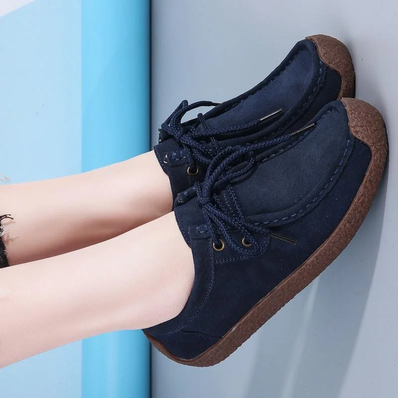 Luxe Comfort: Women's Navy Blue Suede Lace-Up Flats Loafers sneakers