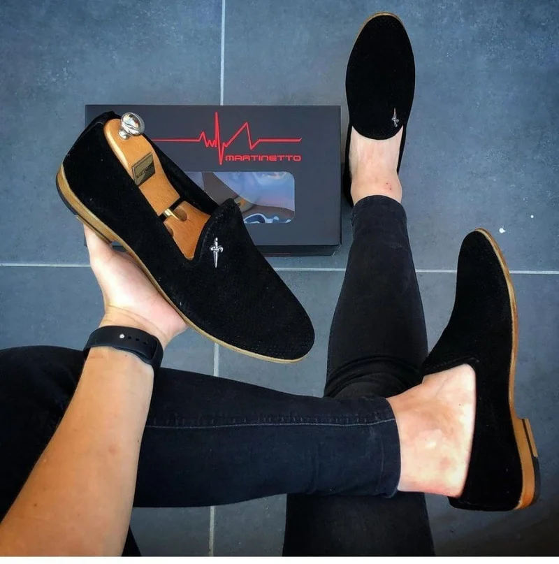 Martinetto Loafers Fashion Black Casual Velvet Mens Slipon Shoes