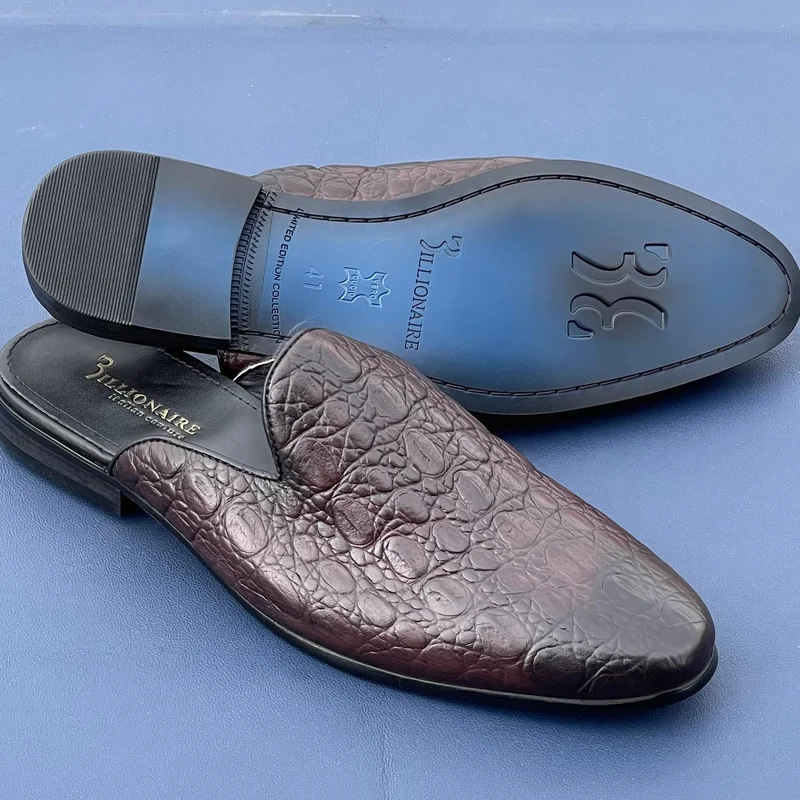 Men's Breathable Men Billionaire Leather Dress Shoes Slip-on Mules - Coffee