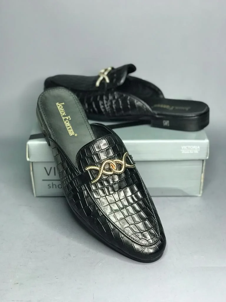 Men's John Foster Black Animal Print Official Backless Mules Loafers