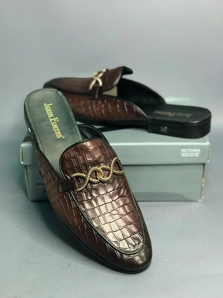 Men's John Foster Brown Animal Print Official Backless Mules Loafers