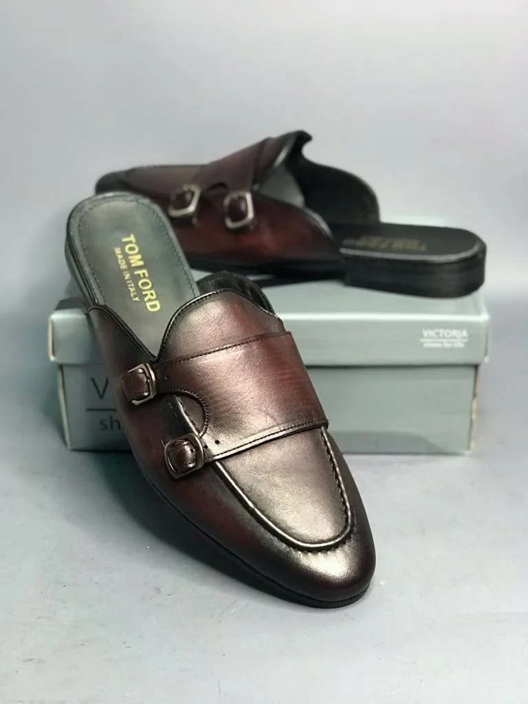 Men's John Foster Dark Brown Double Buckle Official Backless Mules Loafers