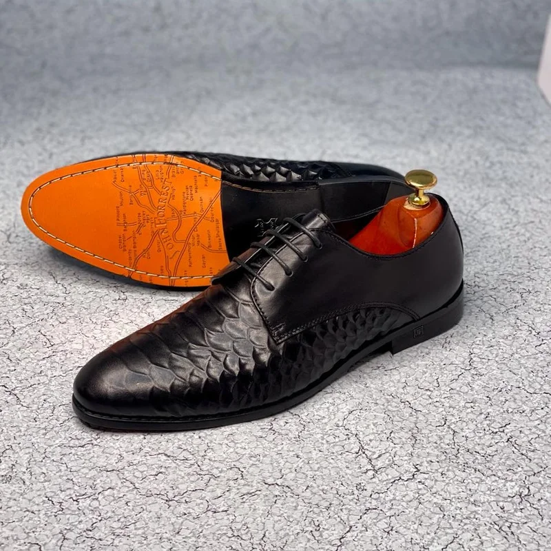 Men's Leather Shoes Snake Print Derby Classic Black Lace Up