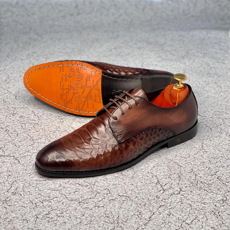 Men's Leather Shoes Snake Print Derby Classic Brown Lace Up Shoes