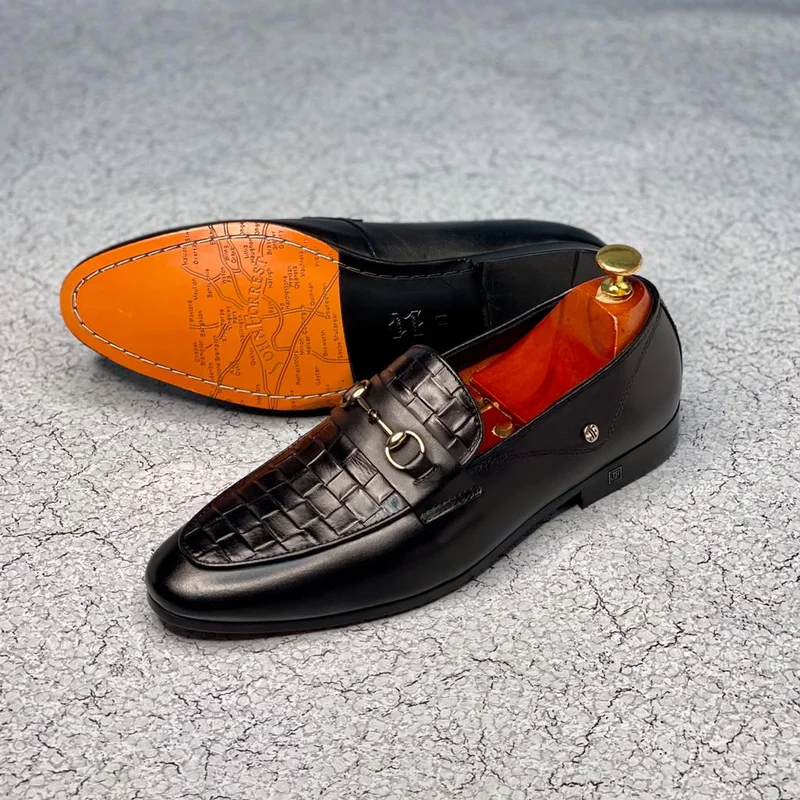 Mens Black Alligator Texture Leather Moccasin Shoes, black loafers shoes