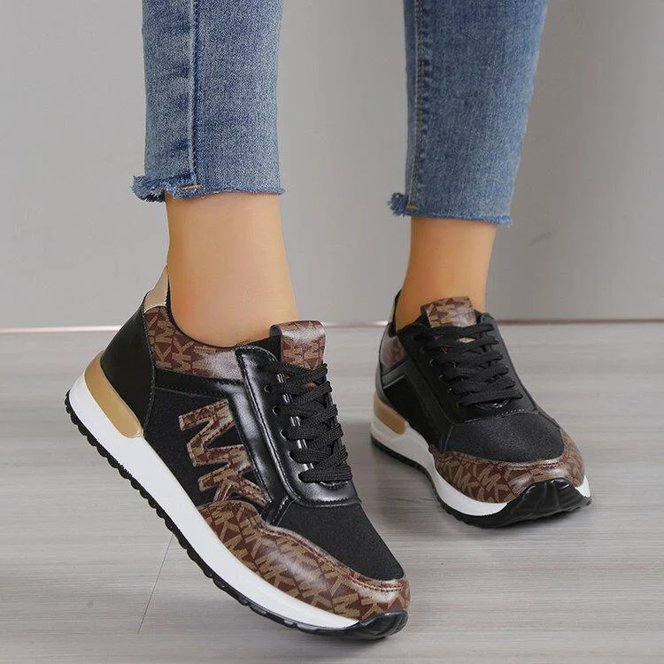 MK Women Breathable PU Leather Sneakers Black Brown Sport Shoes