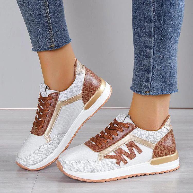 MK Women Breathable PU Leather Sneakers White Brown Sport Shoes