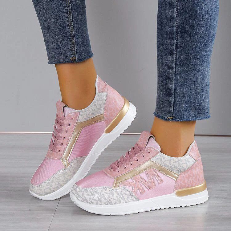 MK Women Breathable PU Leather Sneakers White Pink Sport Shoes