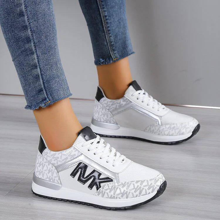 MK Women Breathable PU Leather Sneakers White Sport Shoes