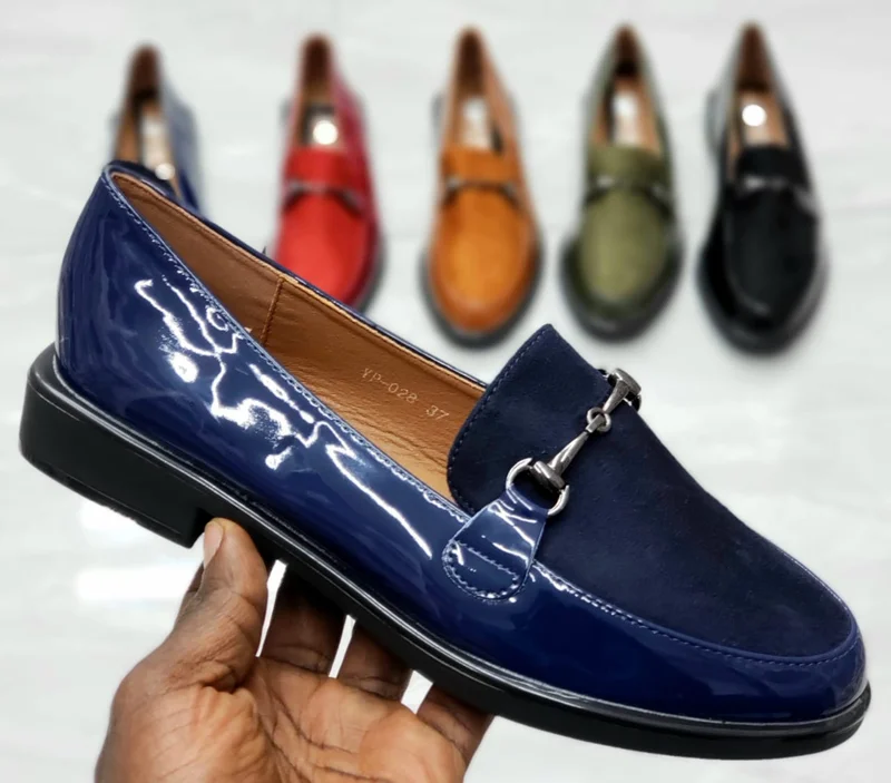 Navy Blue Wet Look Fashion Suede Leather Ladies Official Loafer Shoes