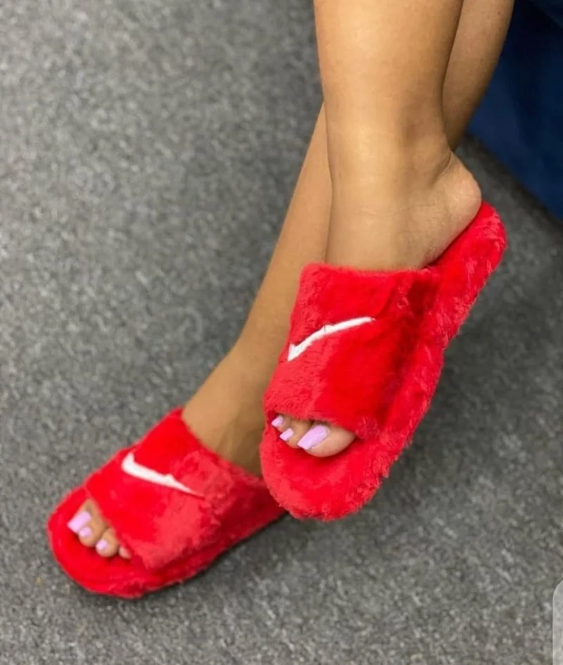 Nike Slippers Women Fluffy  Slippers Faux Fur Slides Open Toe Flat Red Sandals