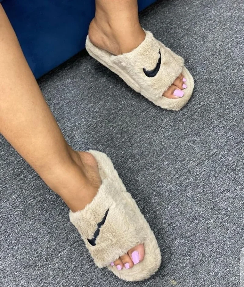 Nike Slippers Women Fluffy Slippers Female Faux Fur Slides Open Toe Flat