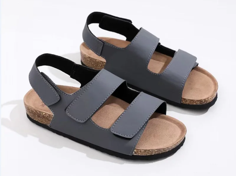 Open Toe Belt Buckle Ankle Strap Men's Cork Sandals Grey
