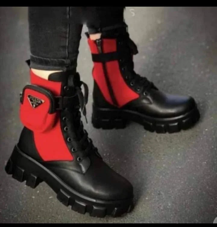 Prada Monolith Mini Bag Lug Sole Combat Boot Red/Black Women Boots