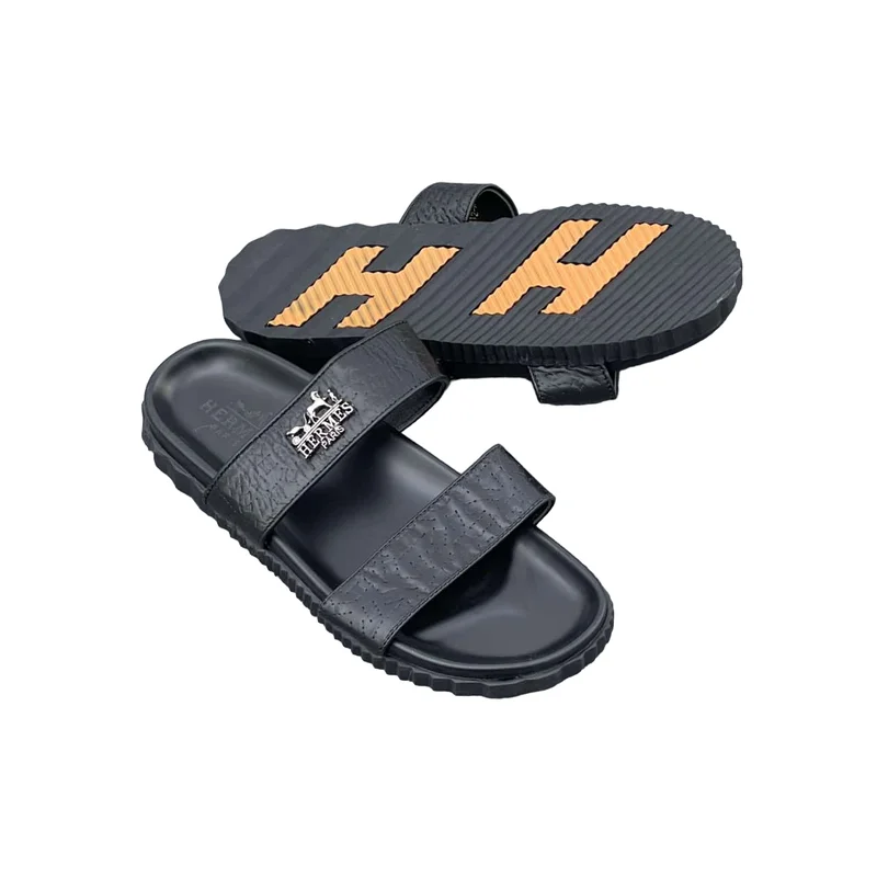 Premium Hermès Slide Sandals - Black with Orange Accents