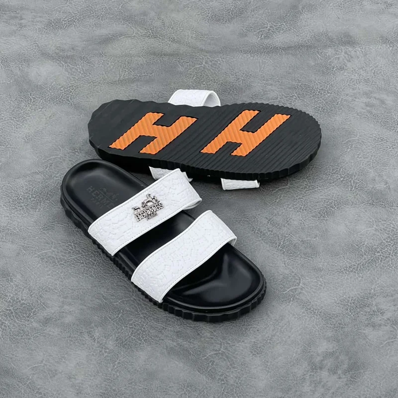 Premium Hermès Slide Sandals – White Black with Orange Accents