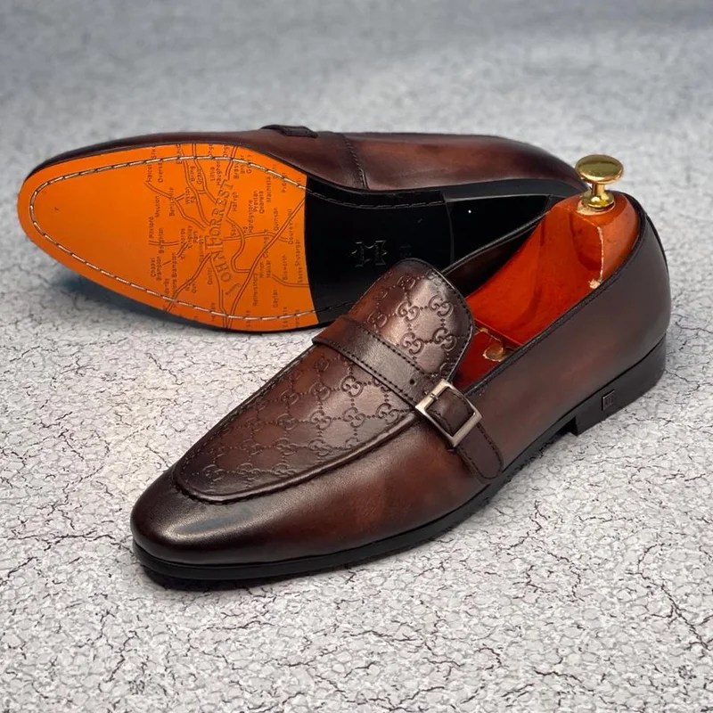 Single Buckle shoes GG Logo Pattern Men's Leather Loafers Fashion Business