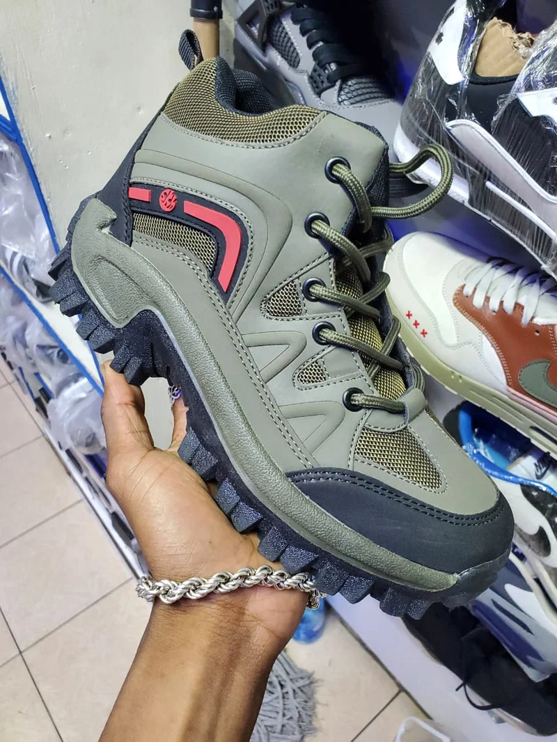 Skyview Boots:Durable Military Green Hiking Boots with Mesh Panel and Red Accent