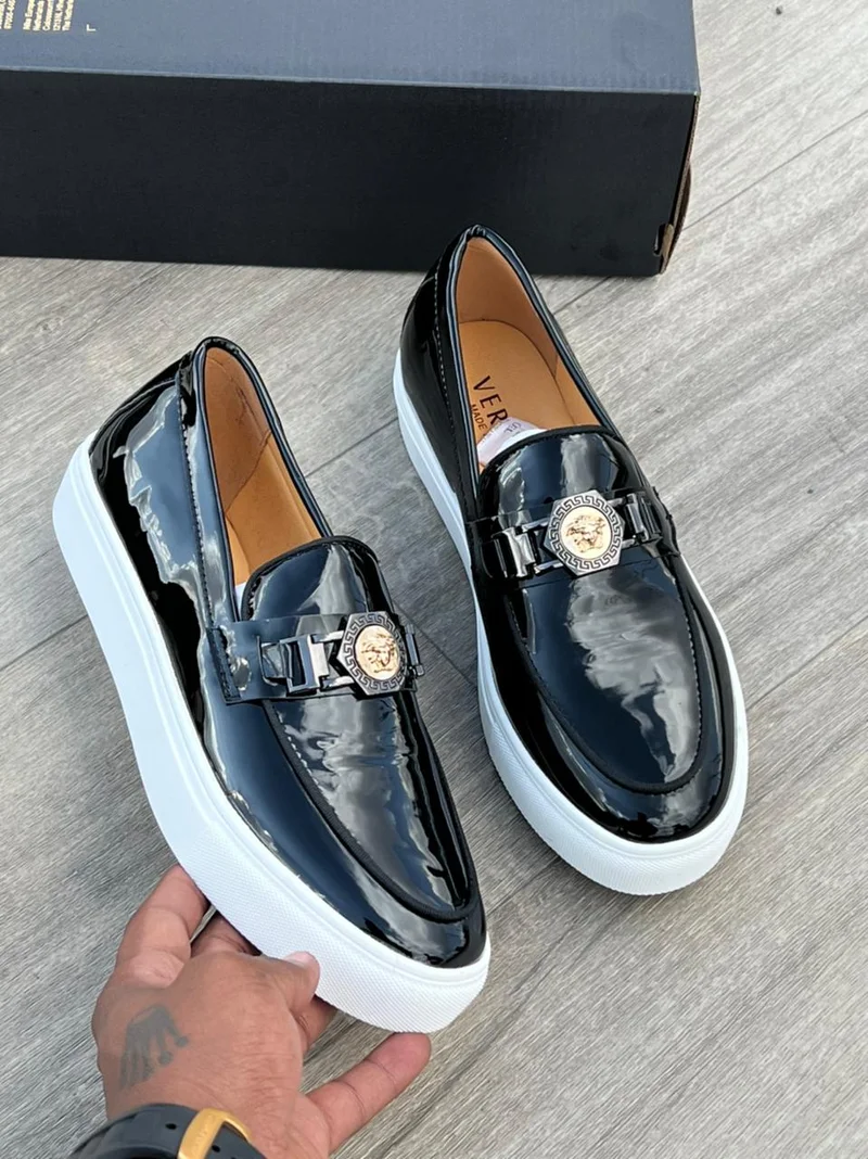 Versace Fashion Slipon Wet Look  Black Leather Official Shoes