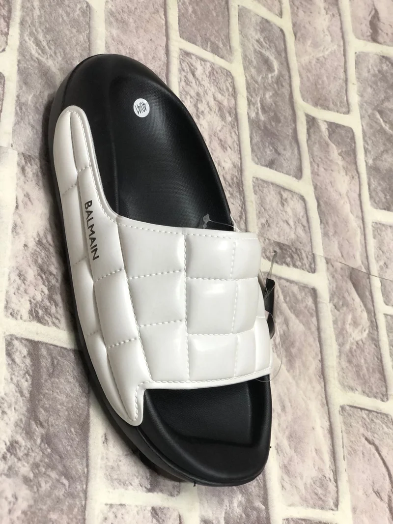 White and Black Balmain comfortable Leather Unisex Slides