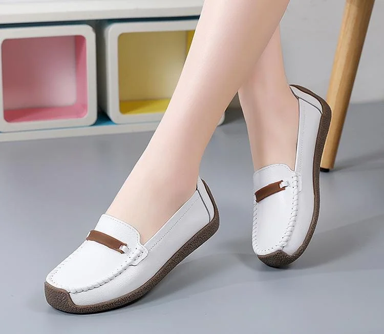 White Loafers flats shoes woman folding Leather women flats