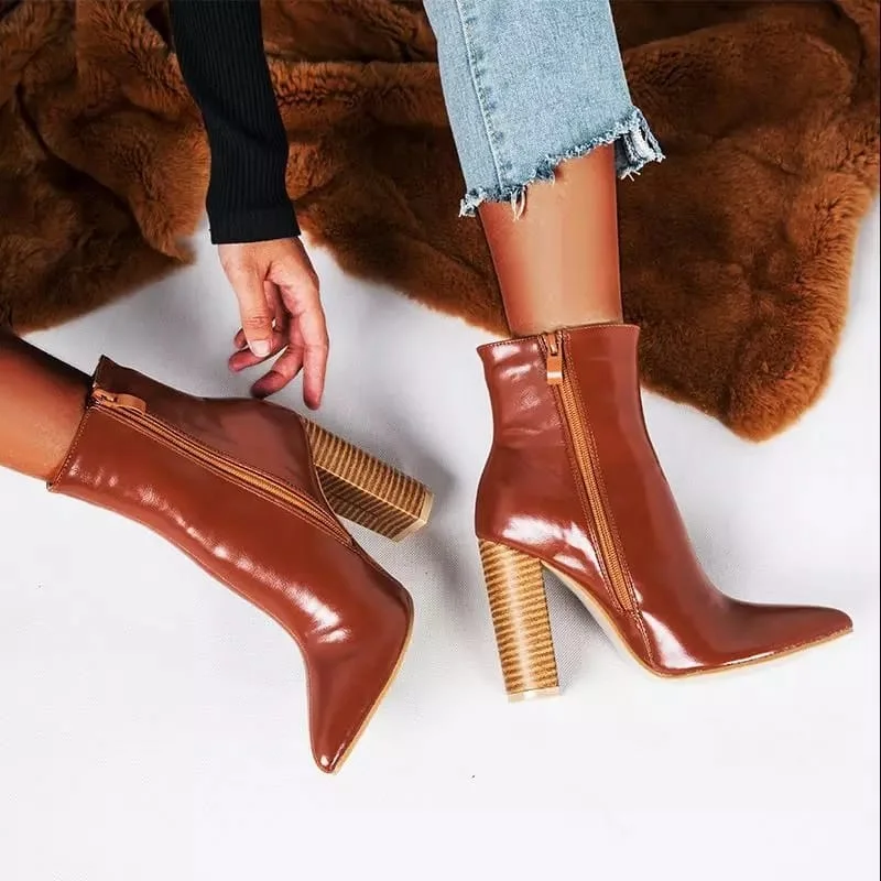 Women Ankle Boots High Heels Chunky Heels Platform Leather Short Booties