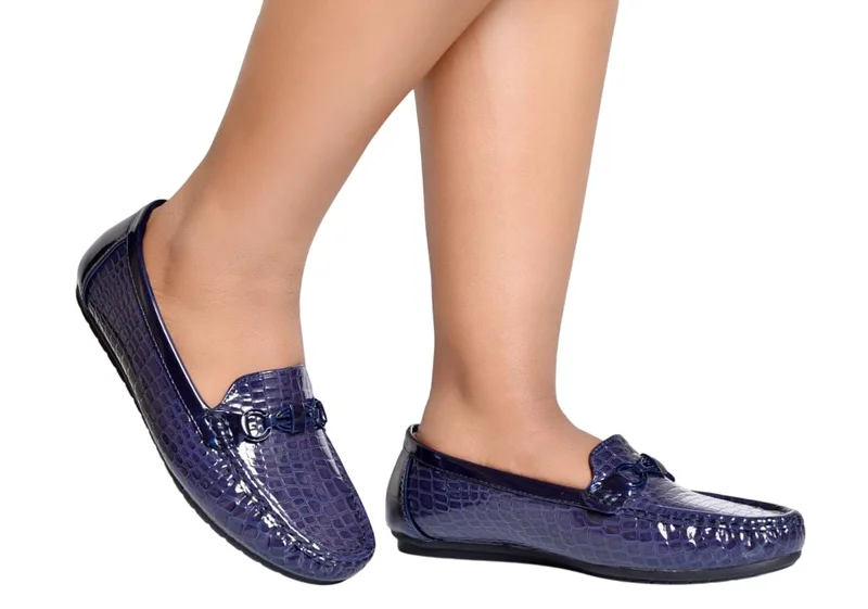 Women's Comfortable Patent Leather Loafers with Massage Footbed – Navy Blue