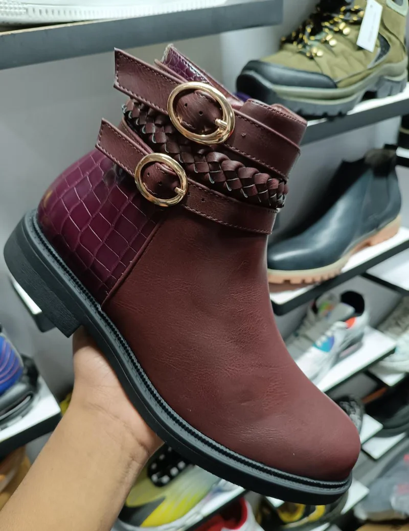 Womens Winter Ankle Boots Double Buckle Maroon Non Slip Skiing Snow Booties Shoe