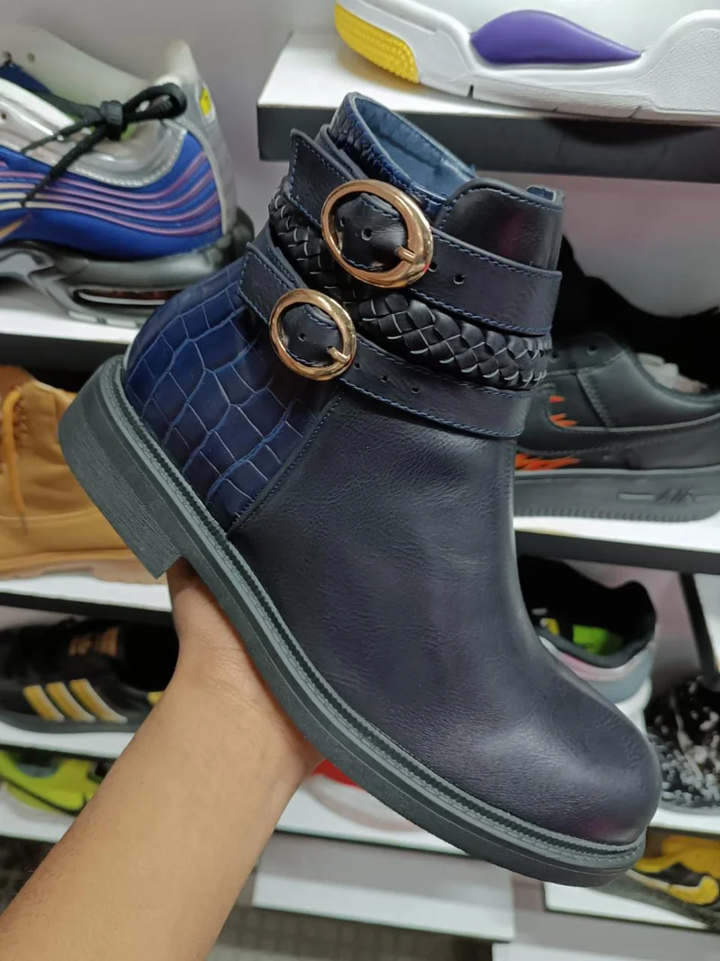 Womens Winter Boots Double Buckle Navy Blue Non Slip Skiing Snow Booties Shoes