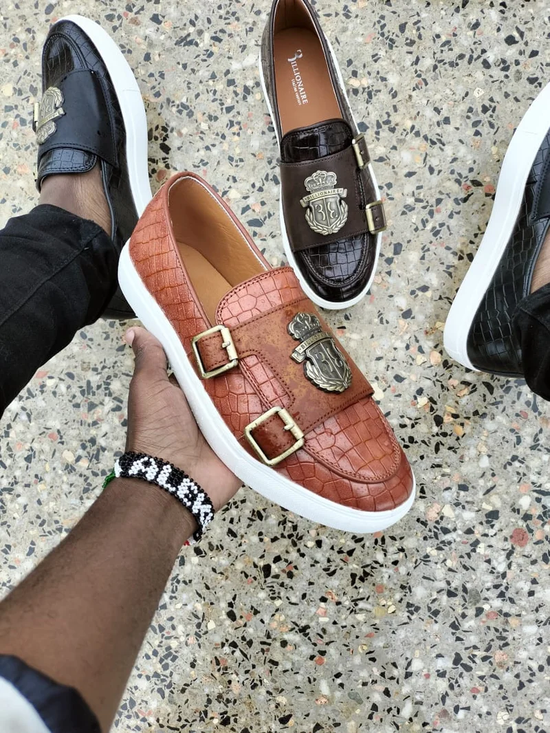 Billionaire Double Buckle Wet Look  Brown Leather Official Shoes