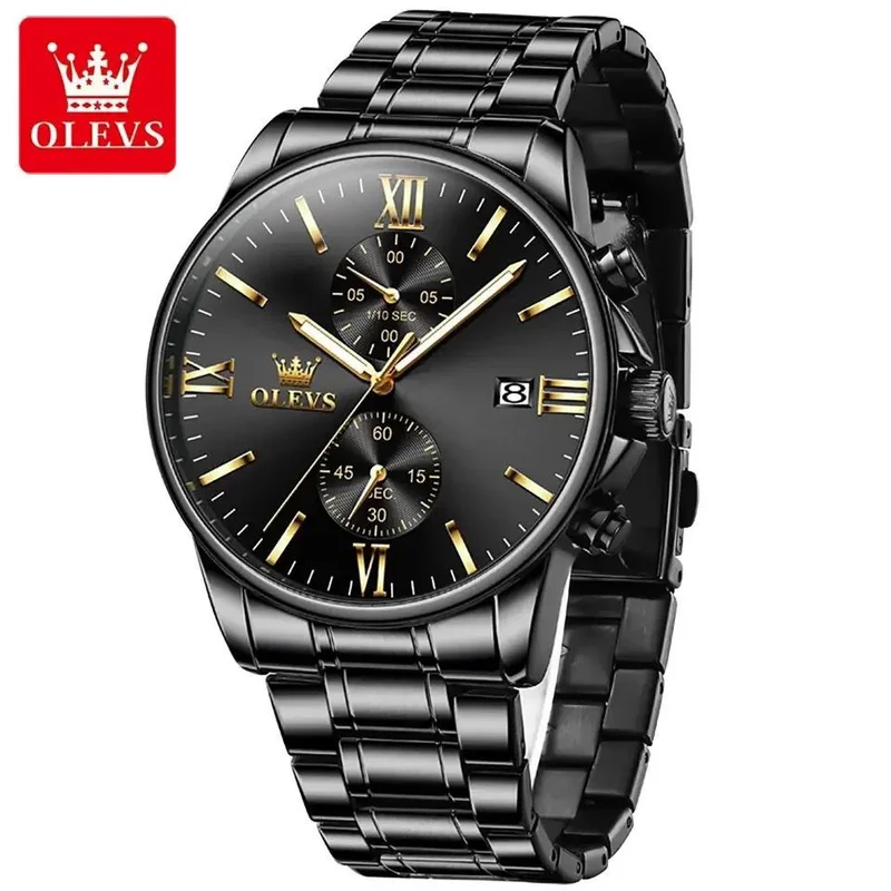 Black and Gold Olevs 2886 chronograph Men Watch
