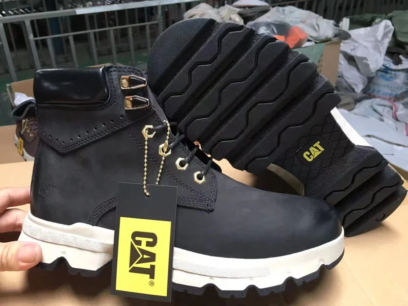 Black Caterpillar Leather Boots Rubber Grips Sole Men's Shoes