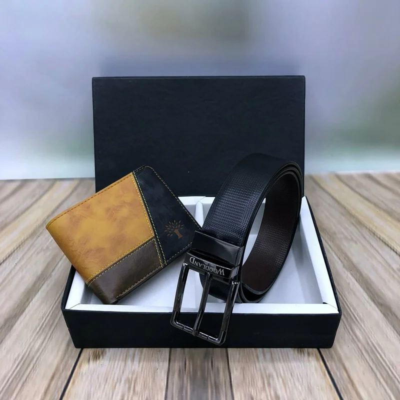 Black Classic Men's Leather Belts With 3 Tone Woodland Leather Bi-Fold Wallet