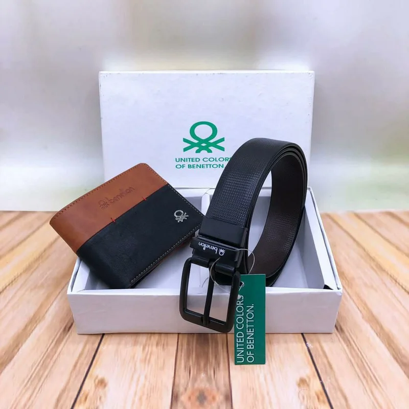 Black Classic Men's Leather Belts With Black Brown Leather Bi-Fold Wallet