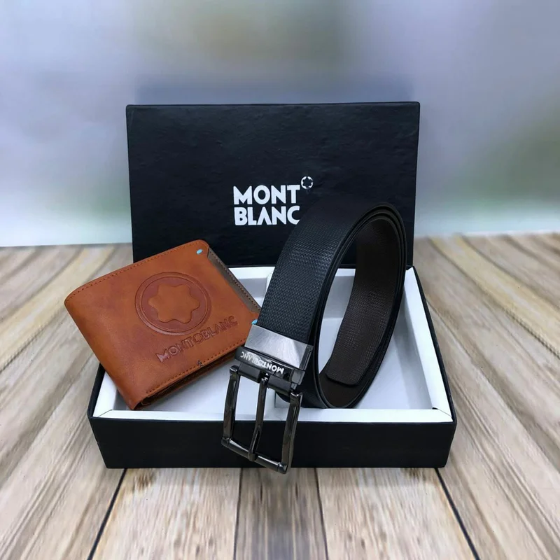 Black Classic Men's Leather Belts With Brown Montoblanc Leather Bi-Fold