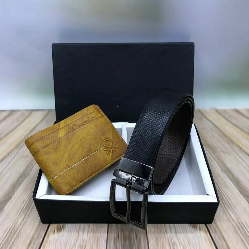 Black Classic Men's Leather Belts With Mustard Benellion Leather Bi-Fold Wallet