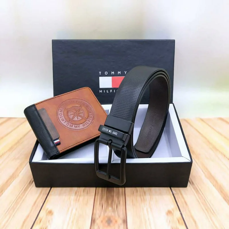Black Classic Men's Leather Belts With Tommy Hilfiger Leather Bi-Fold Wallet
