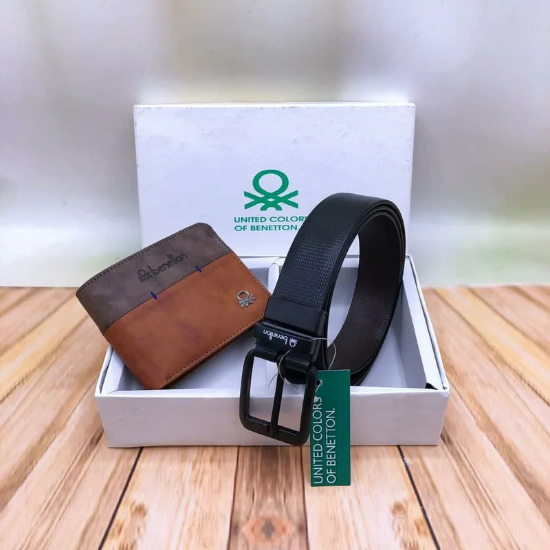 Black Classic Men's Leather Belts With Two Tone Leather Bi-Fold Wallet