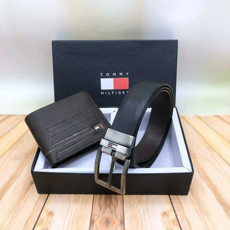 Black Classic Men's Leather Belts WithTommy Hilfiger Leather Bi-Fold Wallet