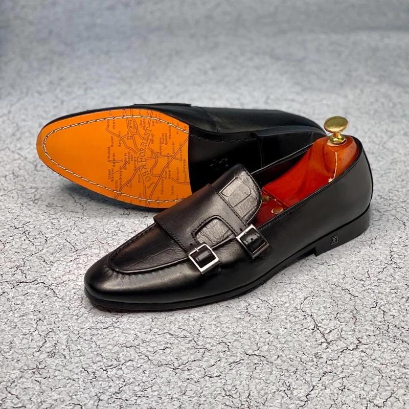 Black Double Buckle Official Shoes Genuine Leather Monk Shoes