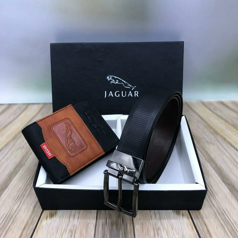 Black Genuine Leather Jaguar Formal & Casual Buckle Belt & 2 Tone Jaguar Wallet